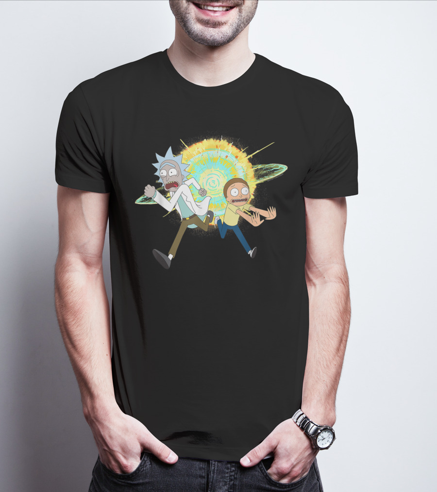 Rick And Morty Running From A Portal Explosion T-Shirt