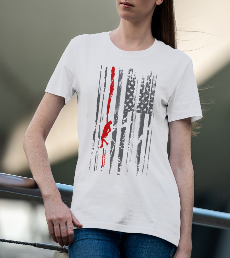 Rock Climbing Silhouette On American Flag Stripes And Stars T-Shirt