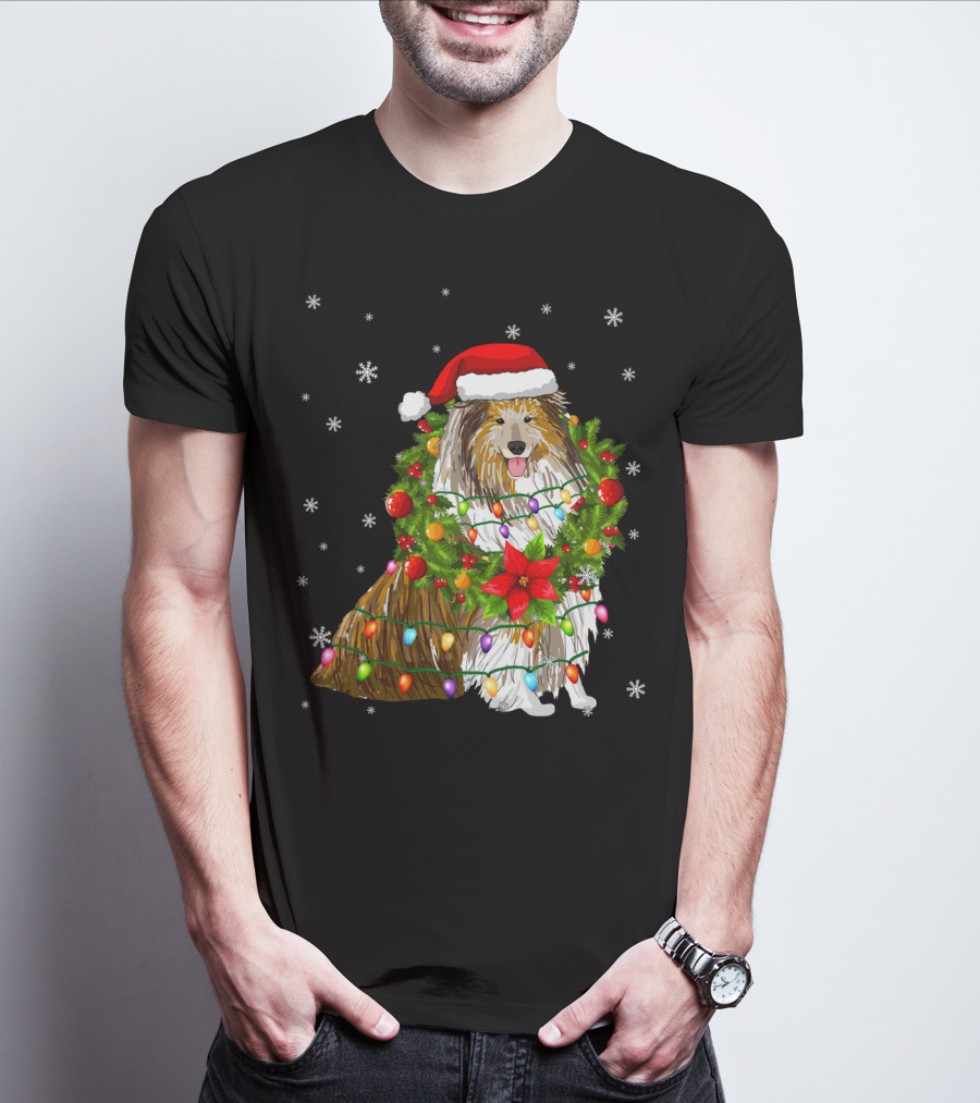 Santa Collie Dog Wrapped In Christmas Lights And Festive Garland T-Shirt