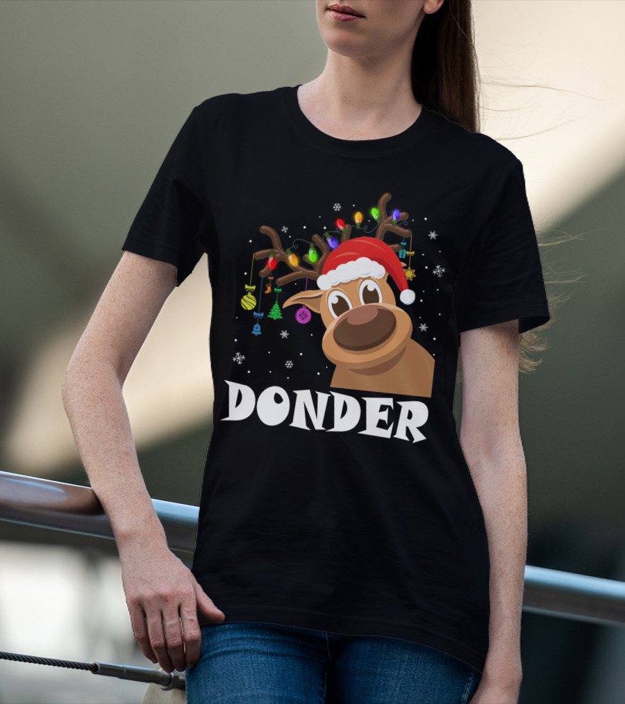 Santa Reindeer Donder Xmas Lights And Ornaments T-Shirt