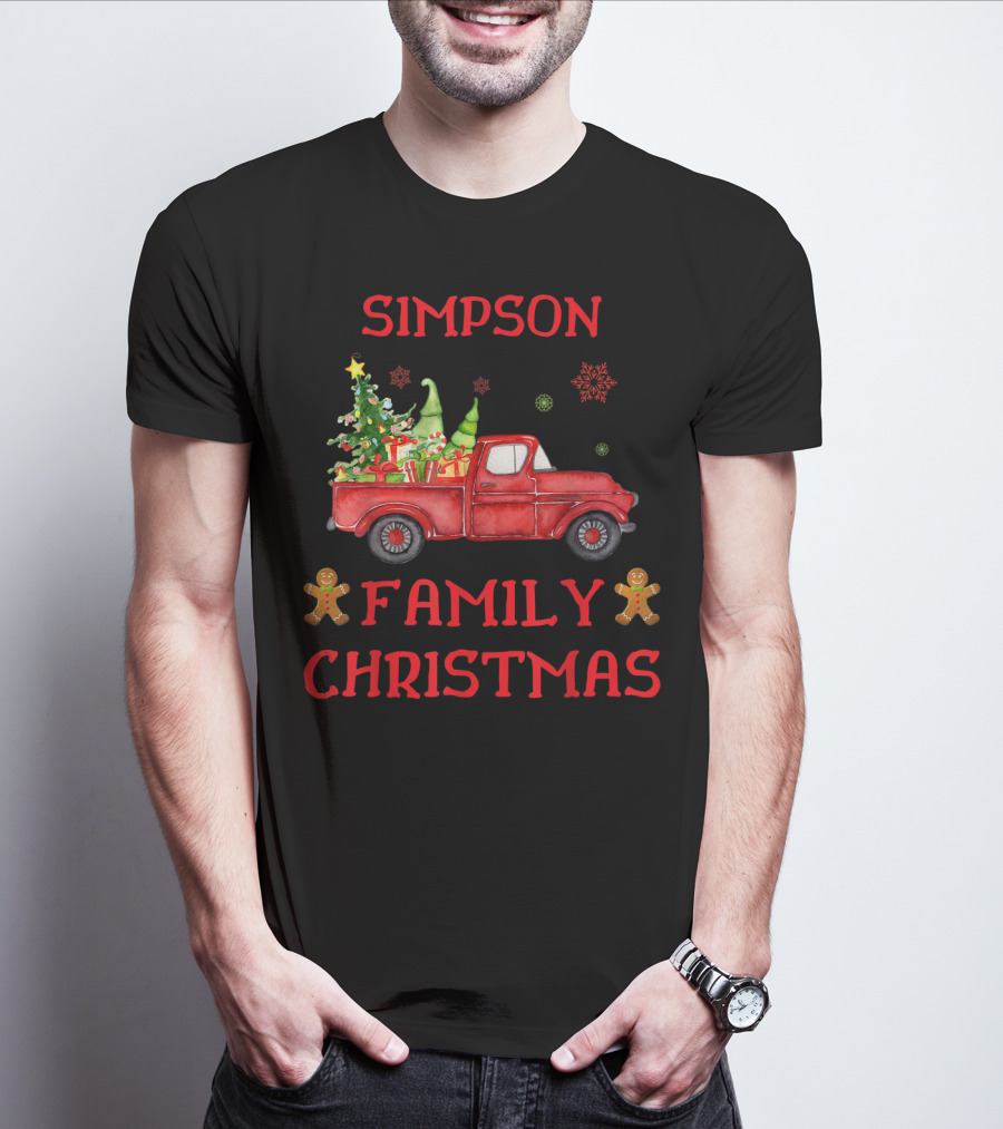Simpson Family Christmas Old Red Truck With Tree And Gingerbread Men T-Shirt