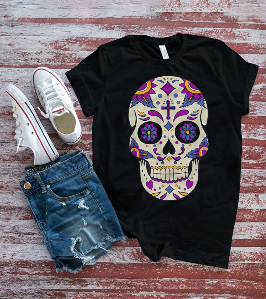 Sugar Skull Day Of The Dead Halloween Dia De Los Muertos Colorful Cross Floral T-Shirt
