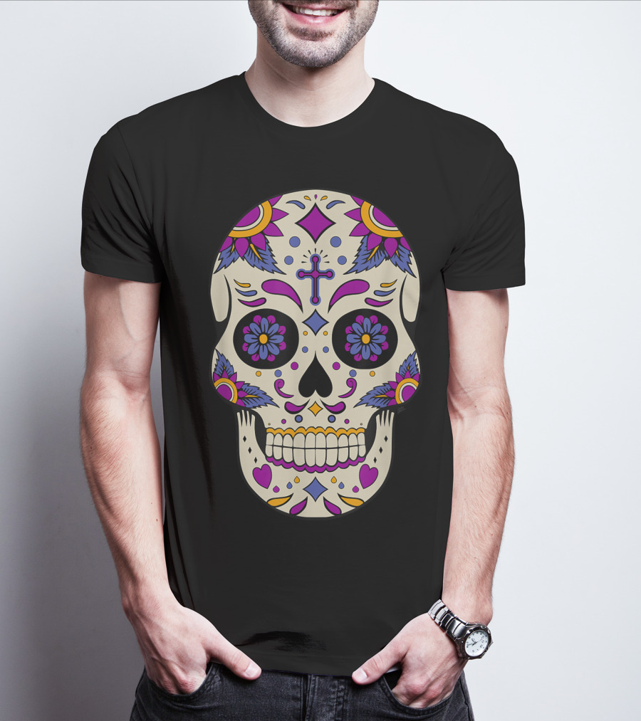 Sugar Skull Day Of The Dead Halloween Dia De Los Muertos Colorful Cross Floral T-Shirt