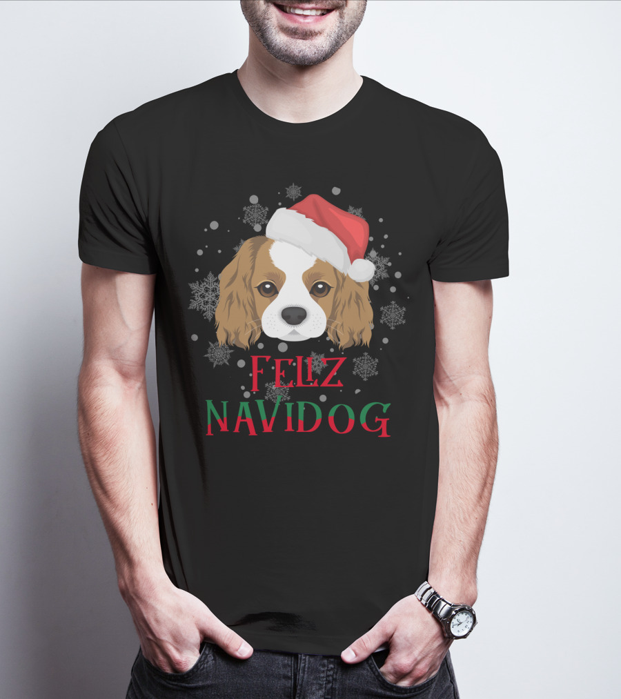 Feliz Navidog Charles Spaniel Santa Hat Snowflakes T-Shirt