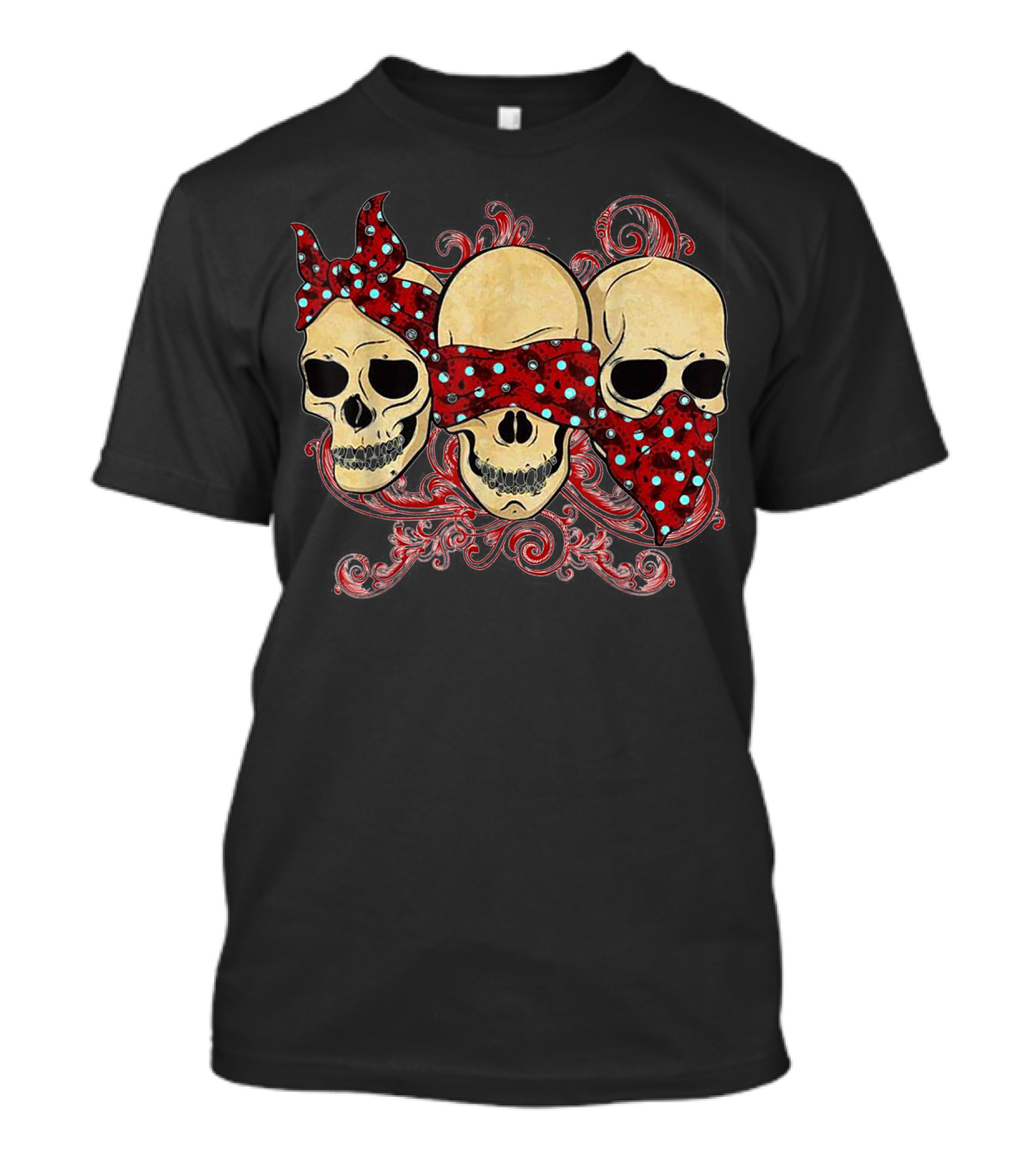 Tattoo Skull See No Evil Hear No Evil Speak No Evil Skulls With Polka Dot Bandanas T-Shirt