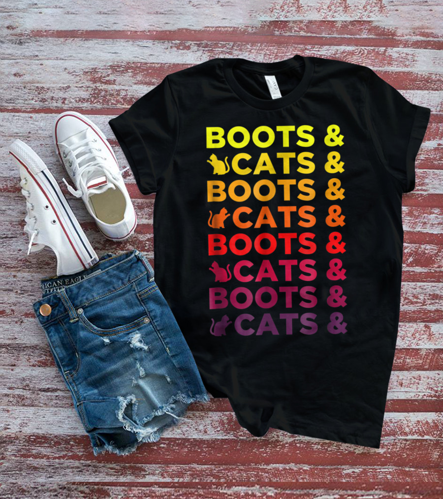 Boots And Cats EDM Rave Festival Funny Repeating Text And Cat T-Shirt