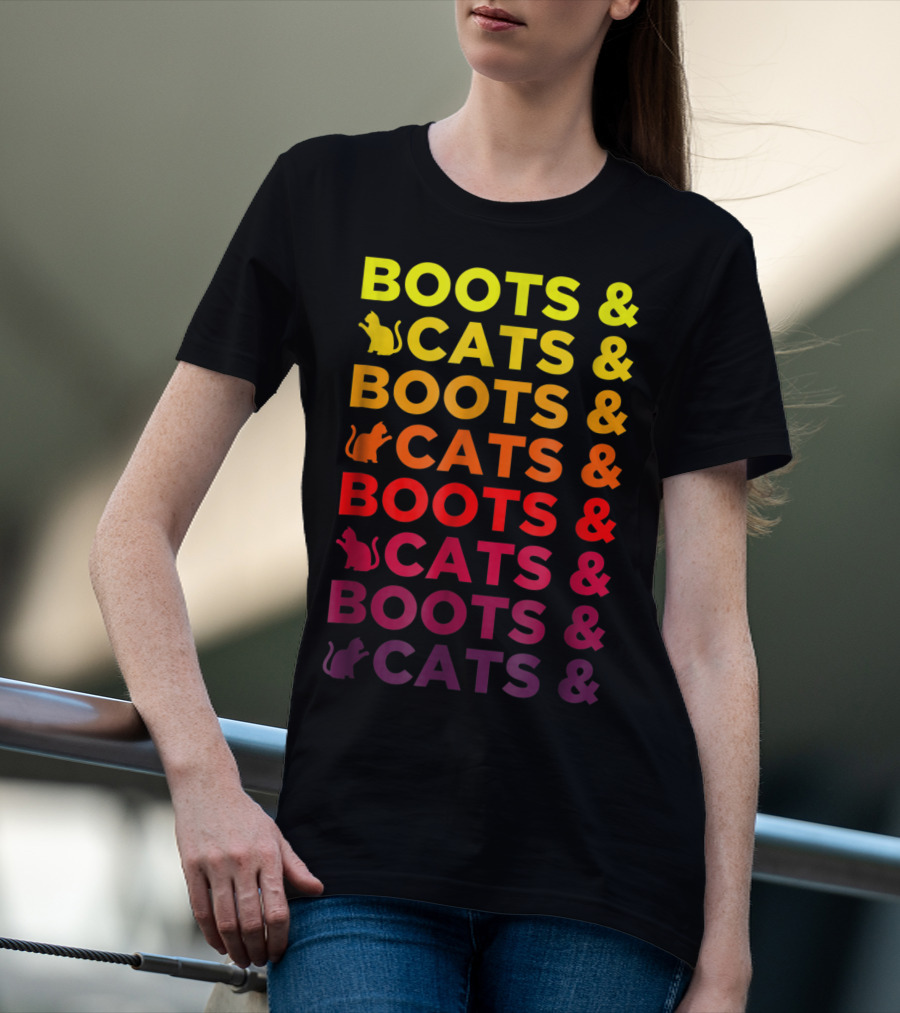 Boots And Cats EDM Rave Festival Funny Repeating Text And Cat T-Shirt