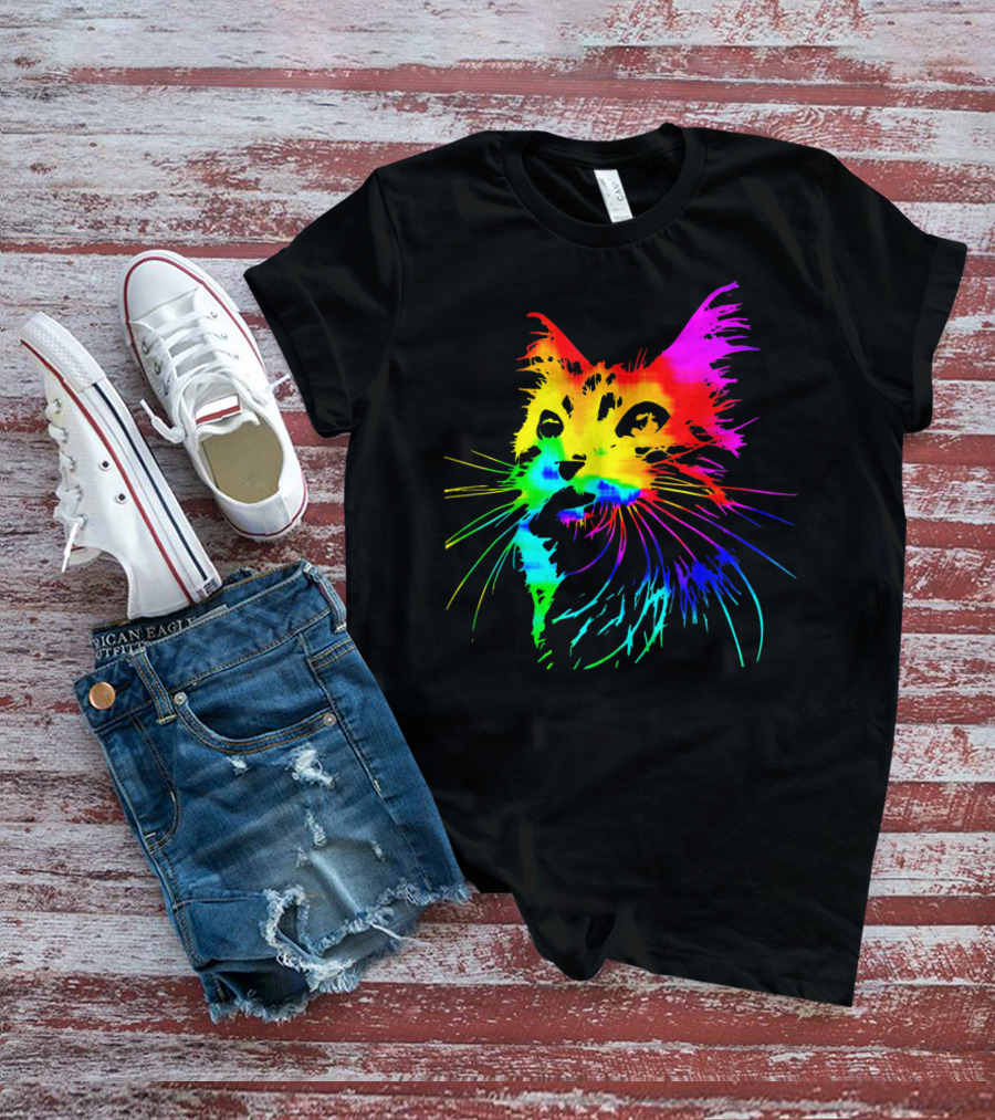 Tie Dye Rainbow Cat Multicolor Psychedelic Cat T-Shirt