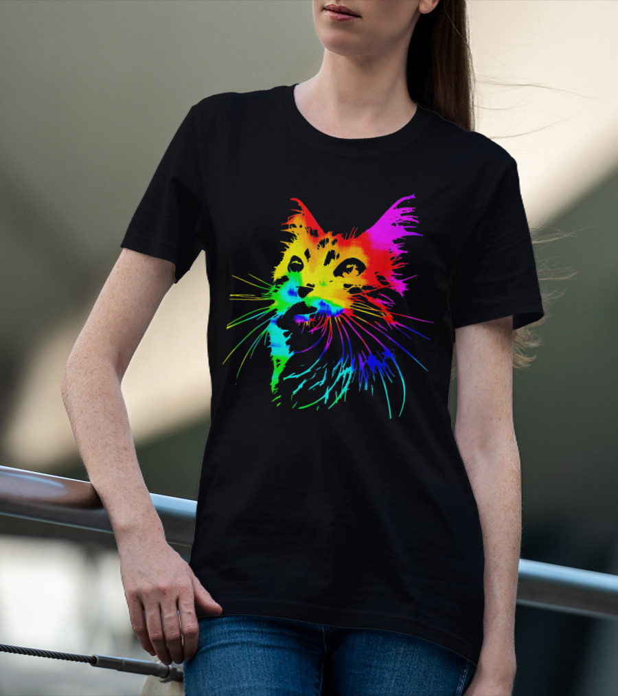 Tie Dye Rainbow Cat Multicolor Psychedelic Cat T-Shirt