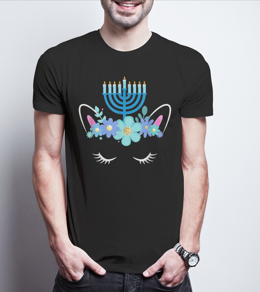 Unicorn Face Hanukkah Menorah Floral Ears Girls T-Shirt
