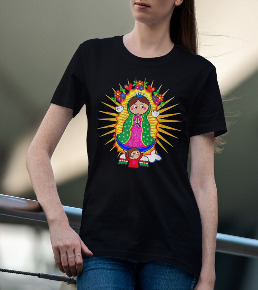 Virgen De Guadalupe Cartoon Mexican Folk Art Angel Children Flowers Sacred Image T-Shirt