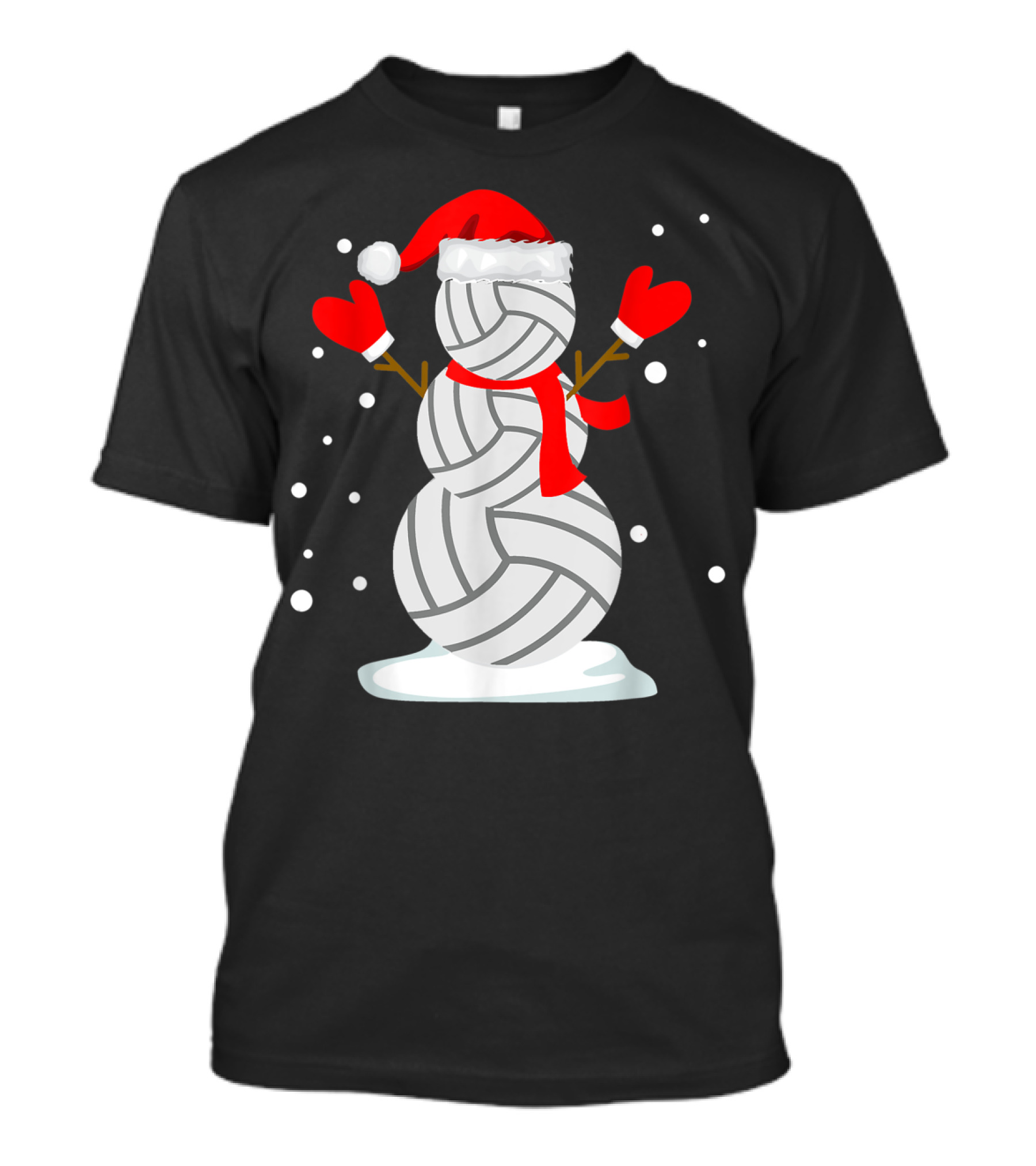 Volleyball Snowman With Santa Hat And Red Mittens T-Shirt