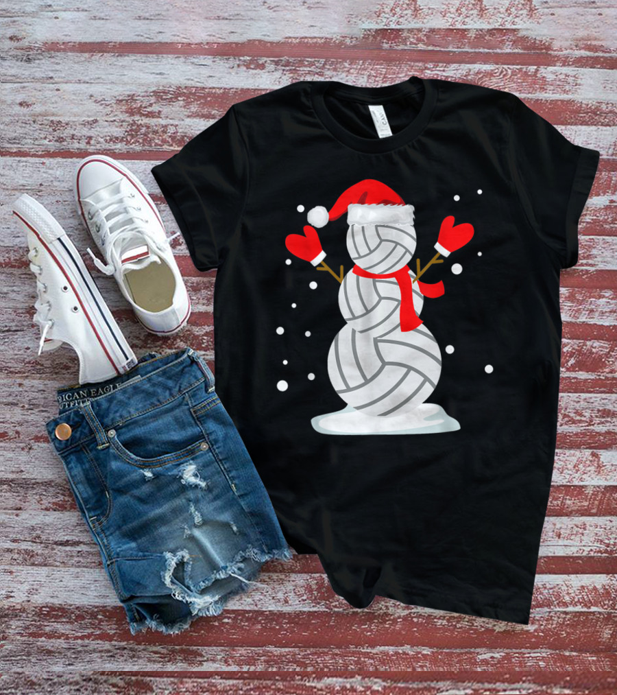 Volleyball Snowman With Santa Hat And Red Mittens T-Shirt