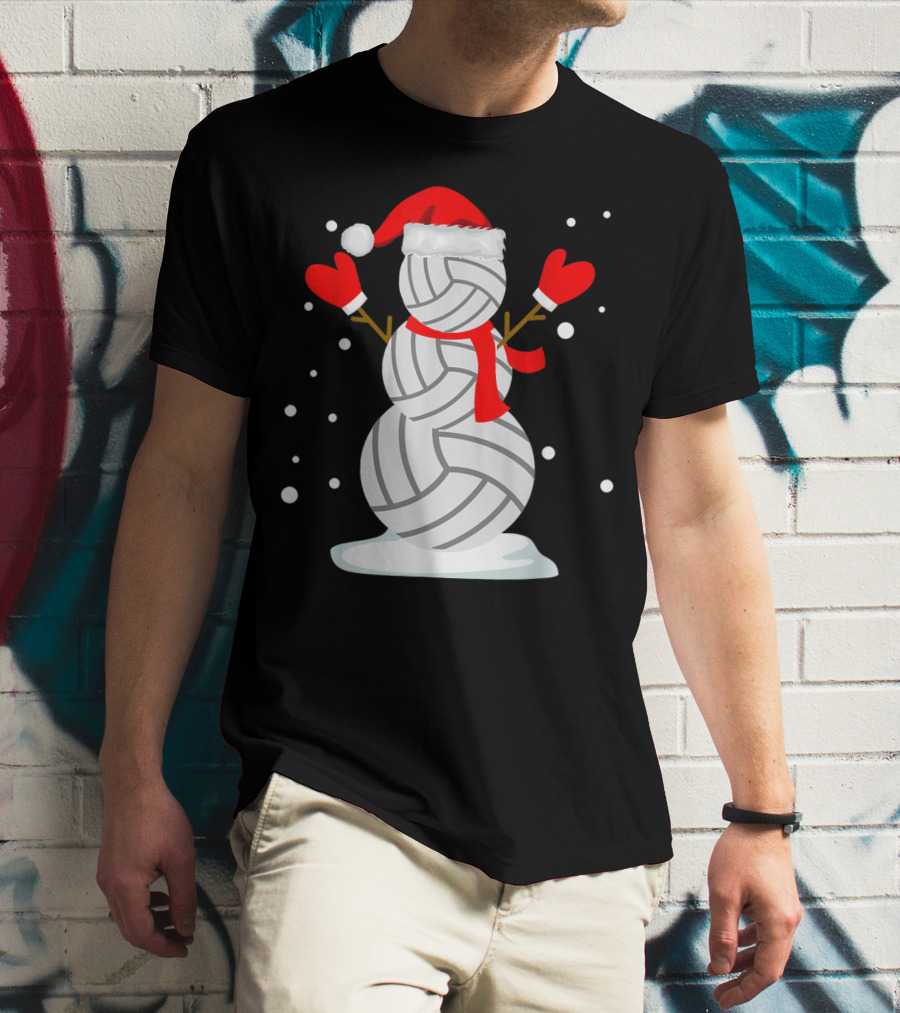 Volleyball Snowman With Santa Hat And Red Mittens T-Shirt