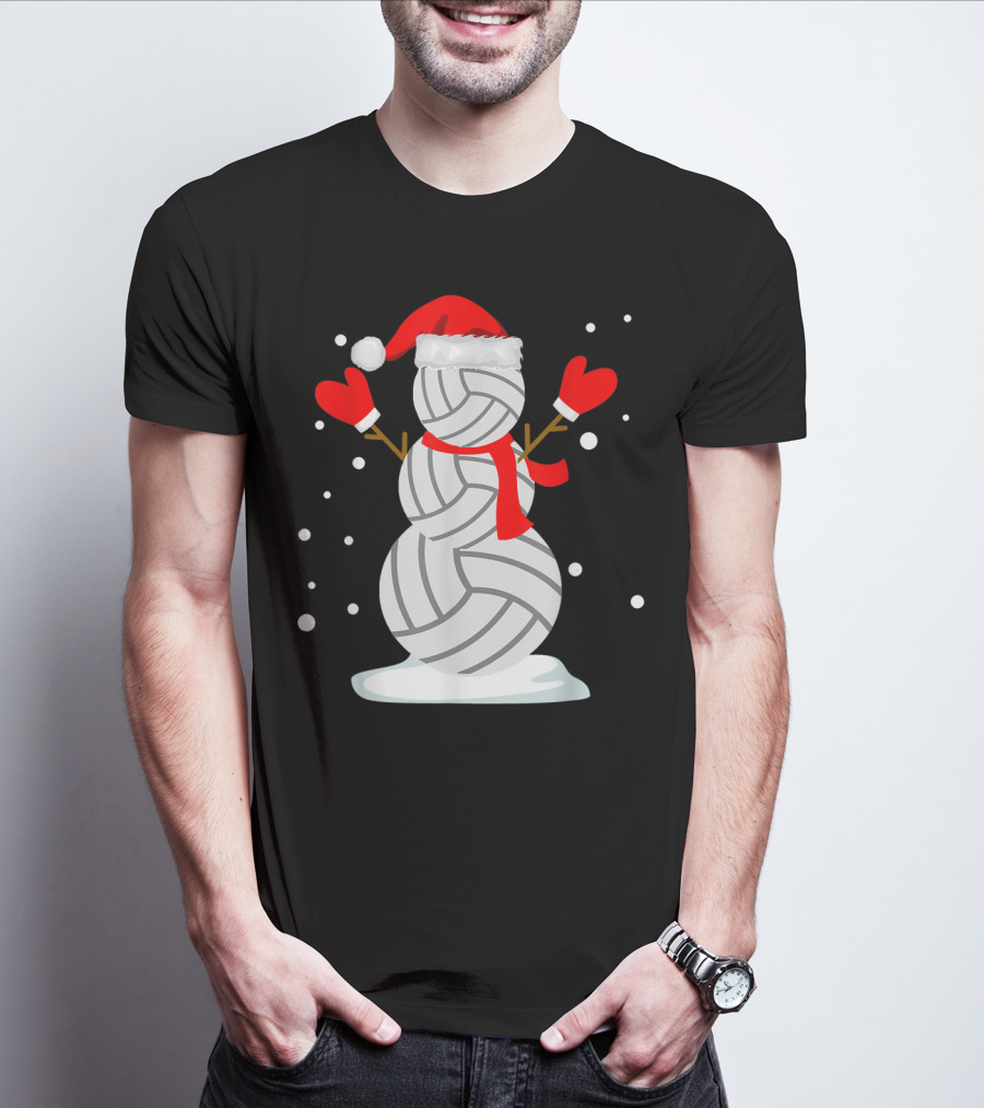 Volleyball Snowman With Santa Hat And Red Mittens T-Shirt
