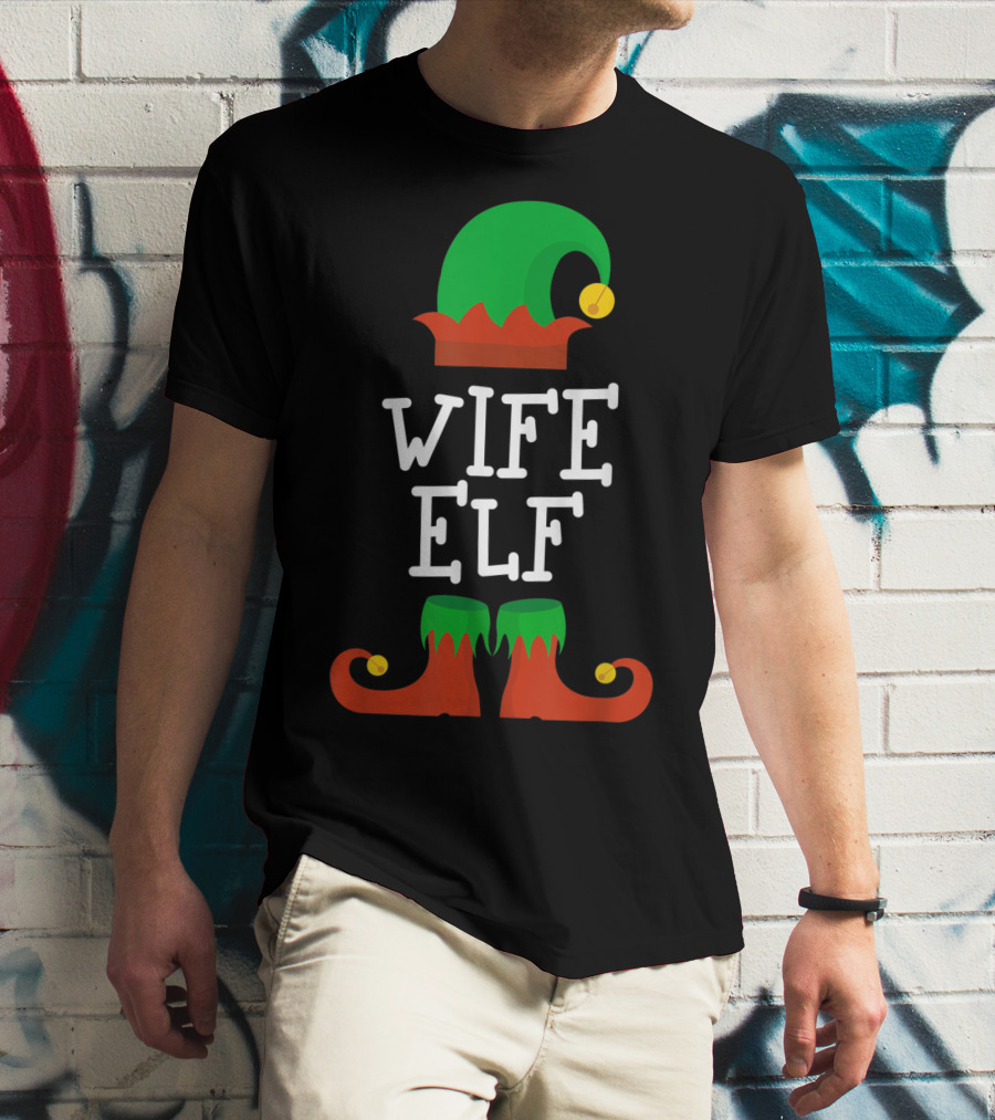 Wife Elf Christmas Holiday Costume Hat And Shoes T-Shirt