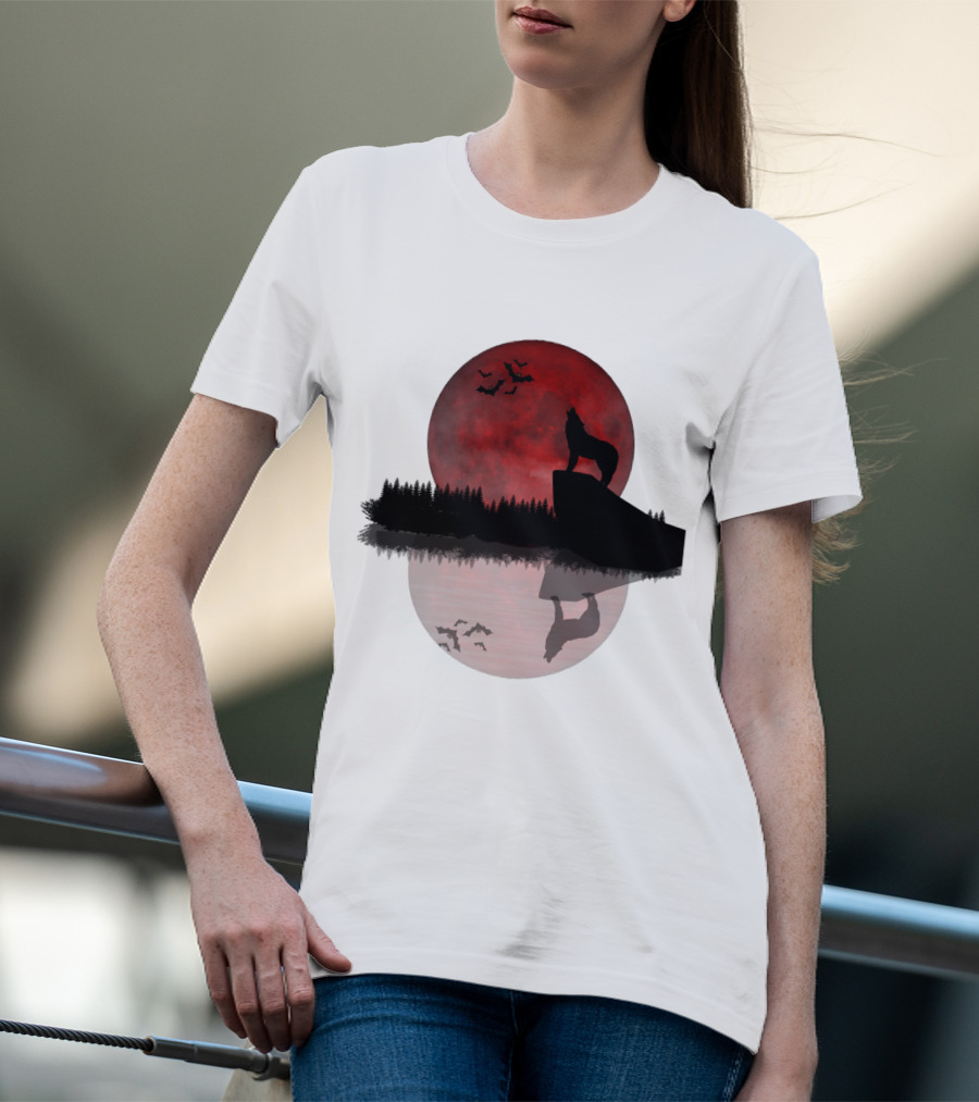 Wolf Howling At Blood Moon With Bats Silhouette And Starry Night Reflection T-Shirt
