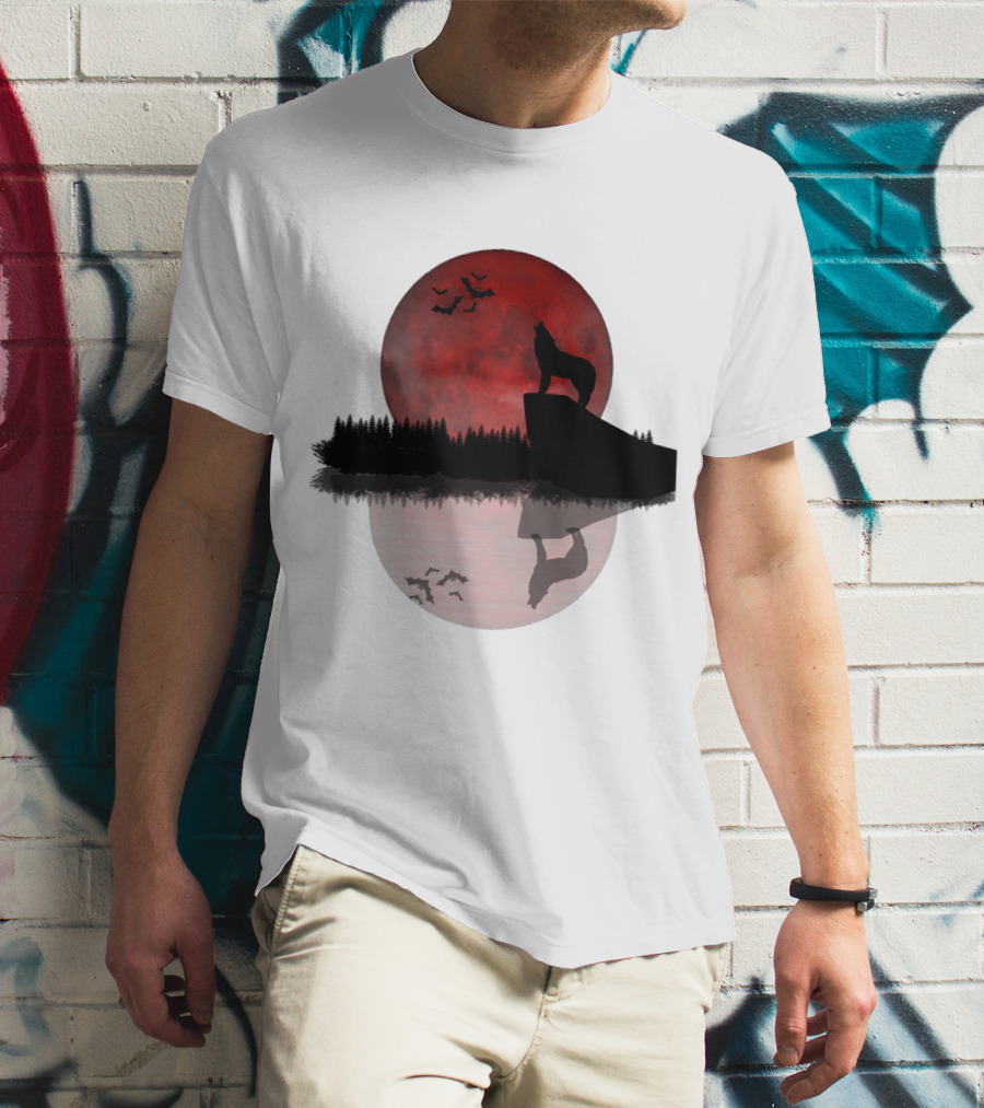 Wolf Howling At Blood Moon With Bats Silhouette And Starry Night Reflection T-Shirt