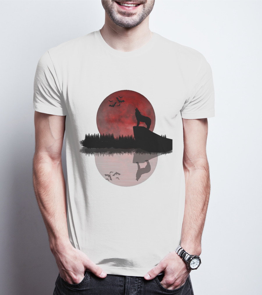 Wolf Howling At Blood Moon With Bats Silhouette And Starry Night Reflection T-Shirt