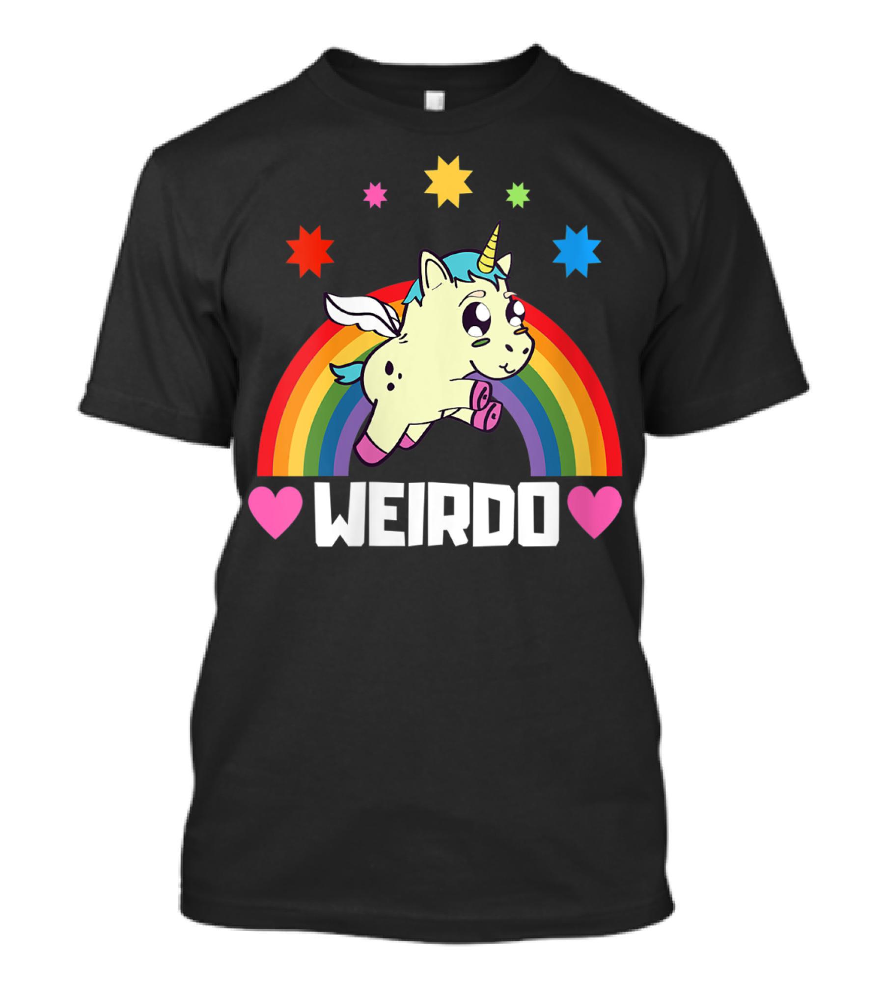 Weird Funny Weirdo Outcast Unicorn Rainbow Hearts Stars T-Shirt
