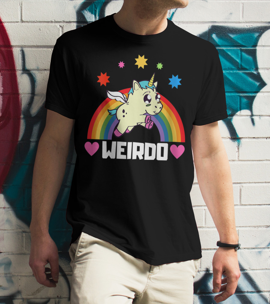 Weird Funny Weirdo Outcast Unicorn Rainbow Hearts Stars T-Shirt