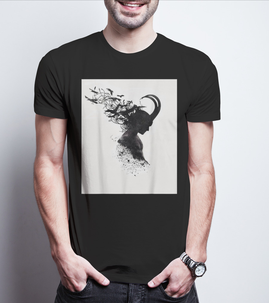 Loki Norse God Of Mischief Silhouette With Birds And Horns T-Shirt