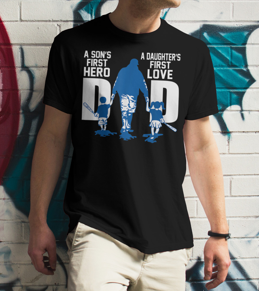 A Son's First Hero A Daughter's First Love Dad Baseball Bat Fatherhood Trio T-Shirt