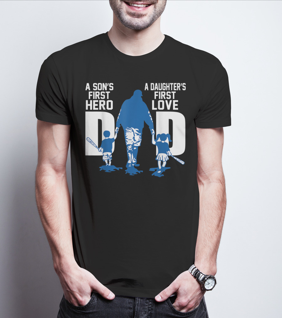 A Son's First Hero A Daughter's First Love Dad Baseball Bat Fatherhood Trio T-Shirt