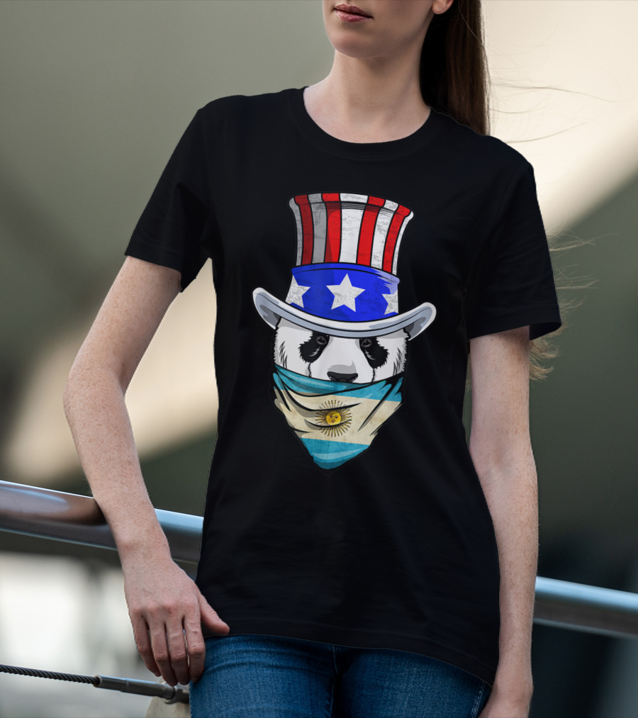 Argentinian Panda Bear In Argentina Bandana Flag With Uncle Sam Hat T-Shirt