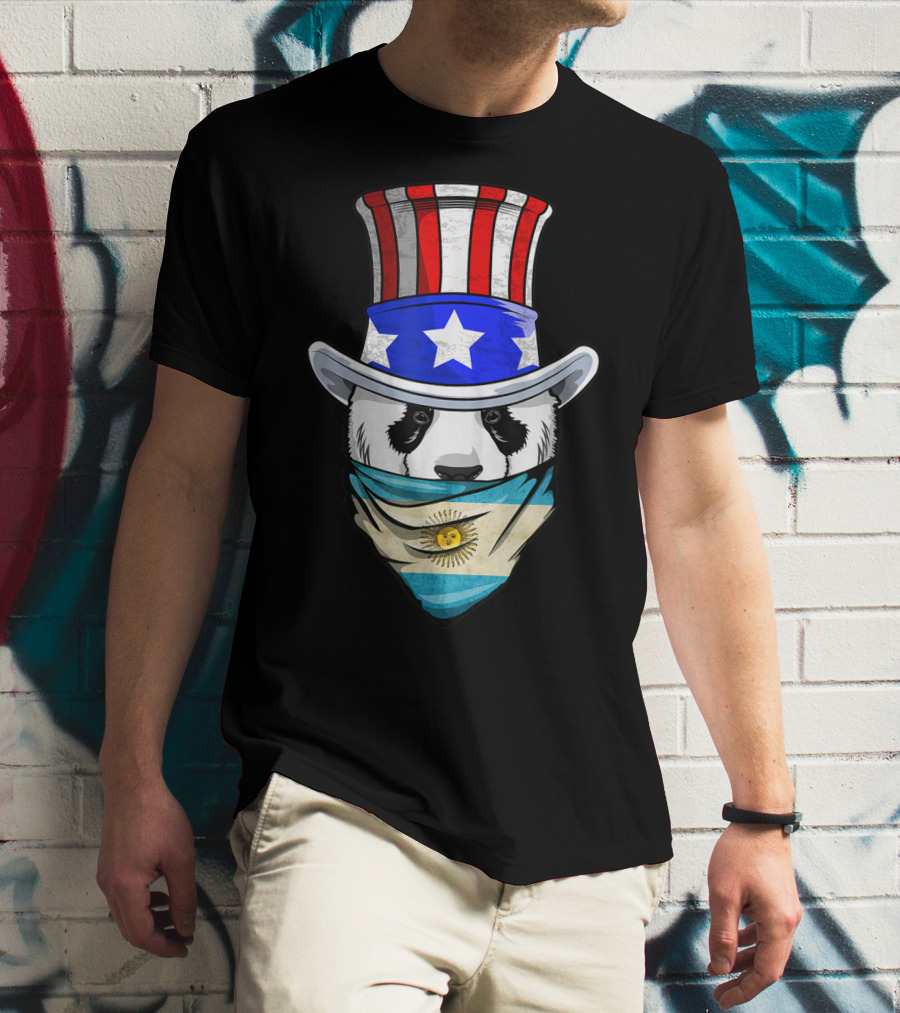 Argentinian Panda Bear In Argentina Bandana Flag With Uncle Sam Hat T-Shirt