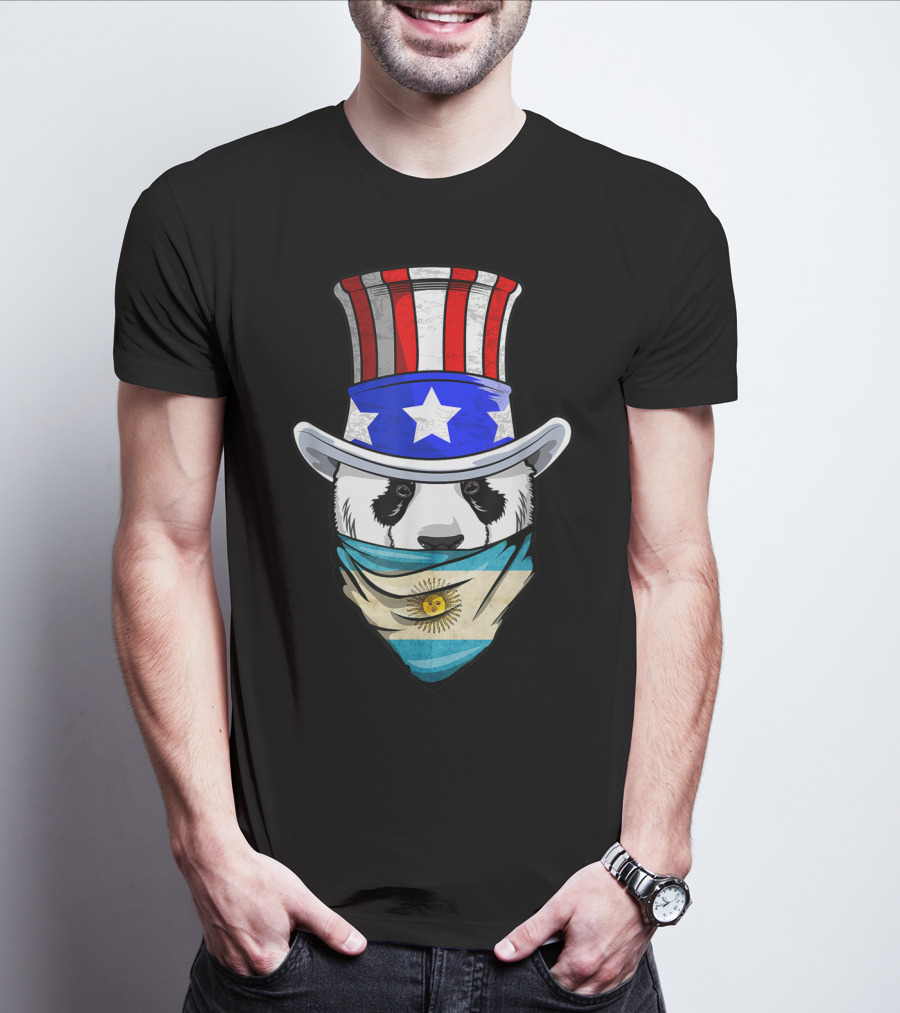 Argentinian Panda Bear In Argentina Bandana Flag With Uncle Sam Hat T-Shirt