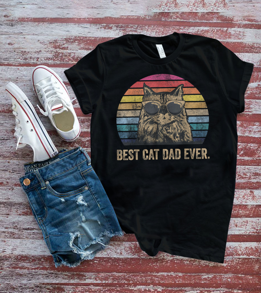 Best Cat Dad Ever Vintage Retro Stripes Sunglasses T-Shirt