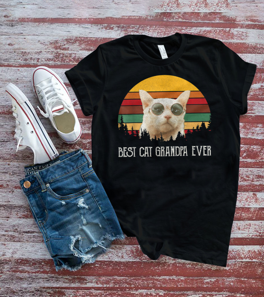 Best Cat Grandpa Ever Retro Cat With Sunglasses And Trees Vintage Sunset T-Shirt