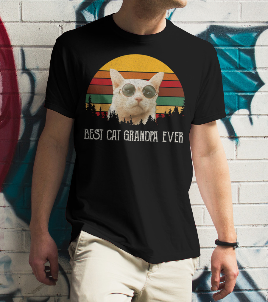 Best Cat Grandpa Ever Retro Cat With Sunglasses And Trees Vintage Sunset T-Shirt