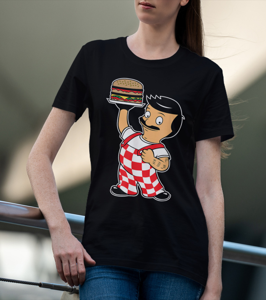 Big Bob Checkered Overalls Burger Mascot T-Shirt