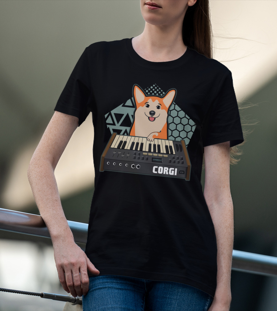 Corgi Synthesizer Musician Dog Lover Hood Keyboard Hexagon Triangles T-Shirt
