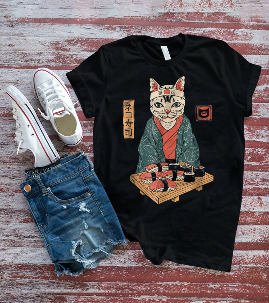 Neko Sushi Cat Chef In Kimono With Sushi Platter T-Shirt