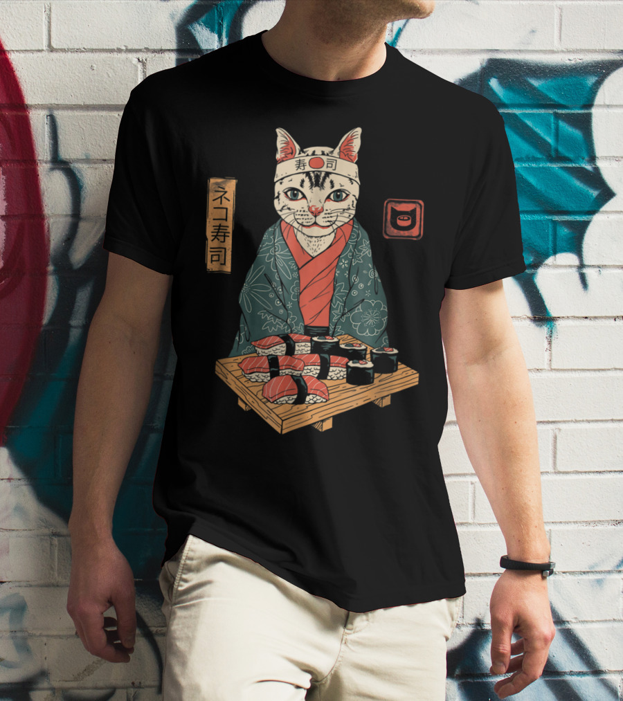 Neko Sushi Cat Chef In Kimono With Sushi Platter T-Shirt