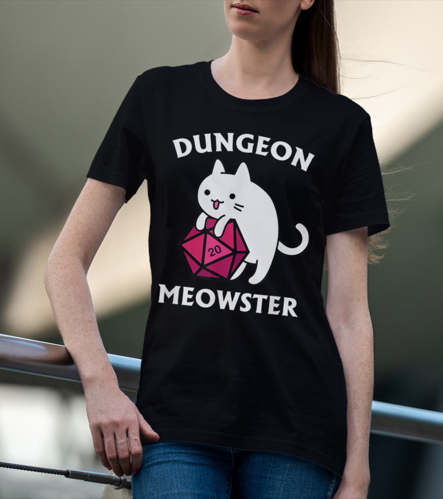 Dungeon Meowster Cat Hugging D20 Dice For Funny DnD Tabletop Gamer T-Shirt