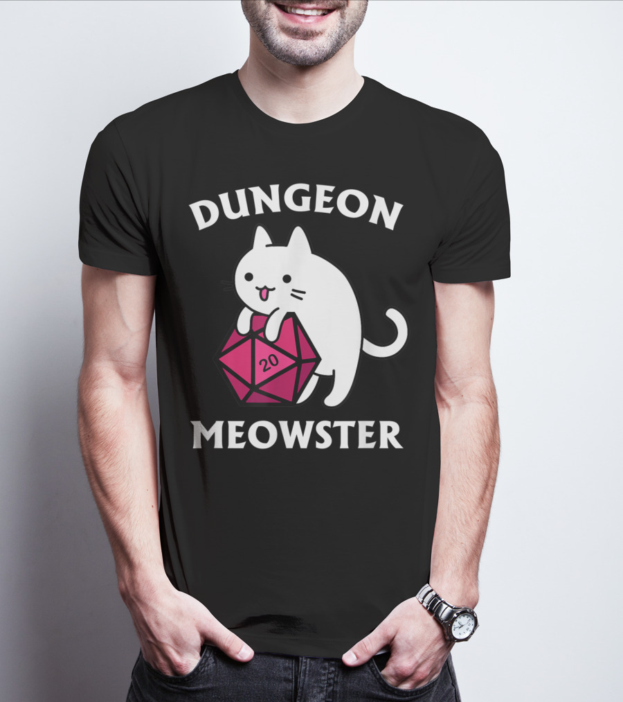 Dungeon Meowster Cat Hugging D20 Dice For Funny DnD Tabletop Gamer T-Shirt
