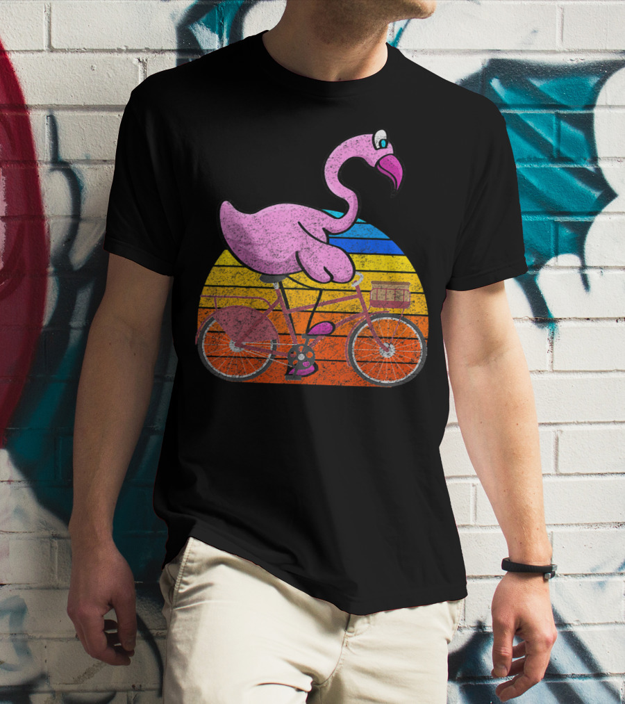 Flamingo Riding Bicycle Funny Retro Sunset T-Shirt