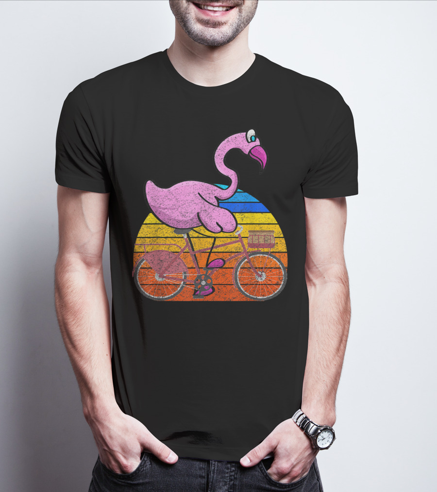 Flamingo Riding Bicycle Funny Retro Sunset T-Shirt