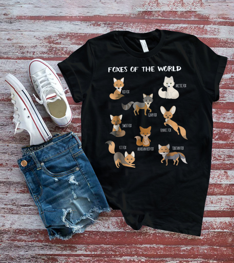 Foxes Of The World Arctic Gray Red Swift Kit Fennec Tibetan Arabian Fox Animals Educational T-Shirt