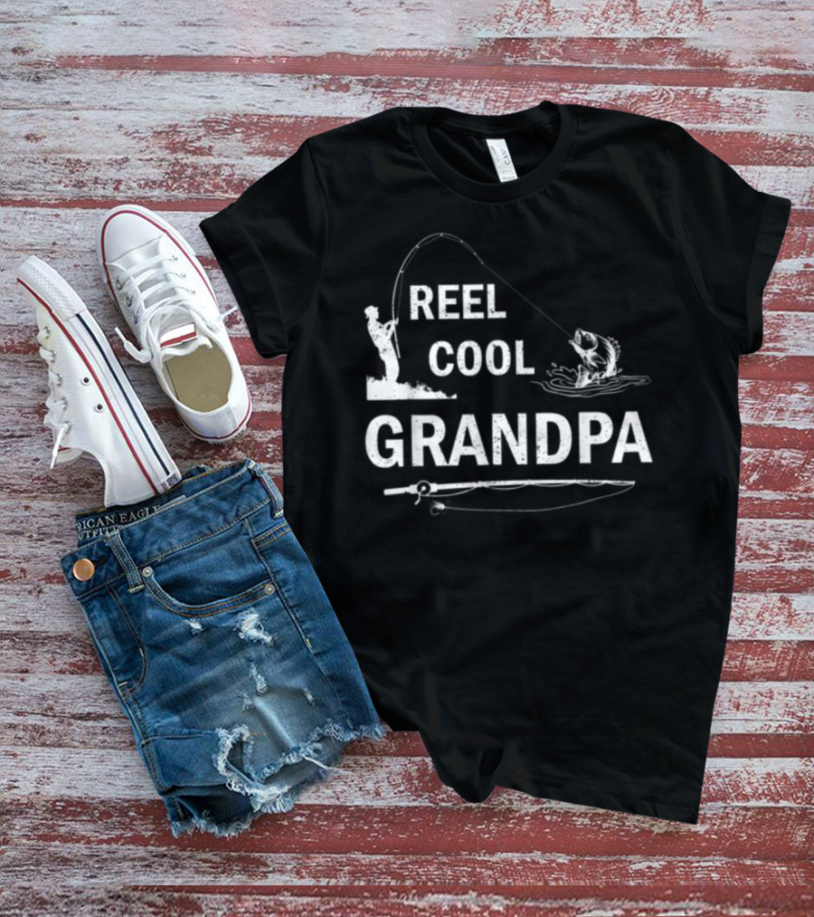 Reel Cool Grandpa Fishing Silhouette With Rod And Fish T-Shirt