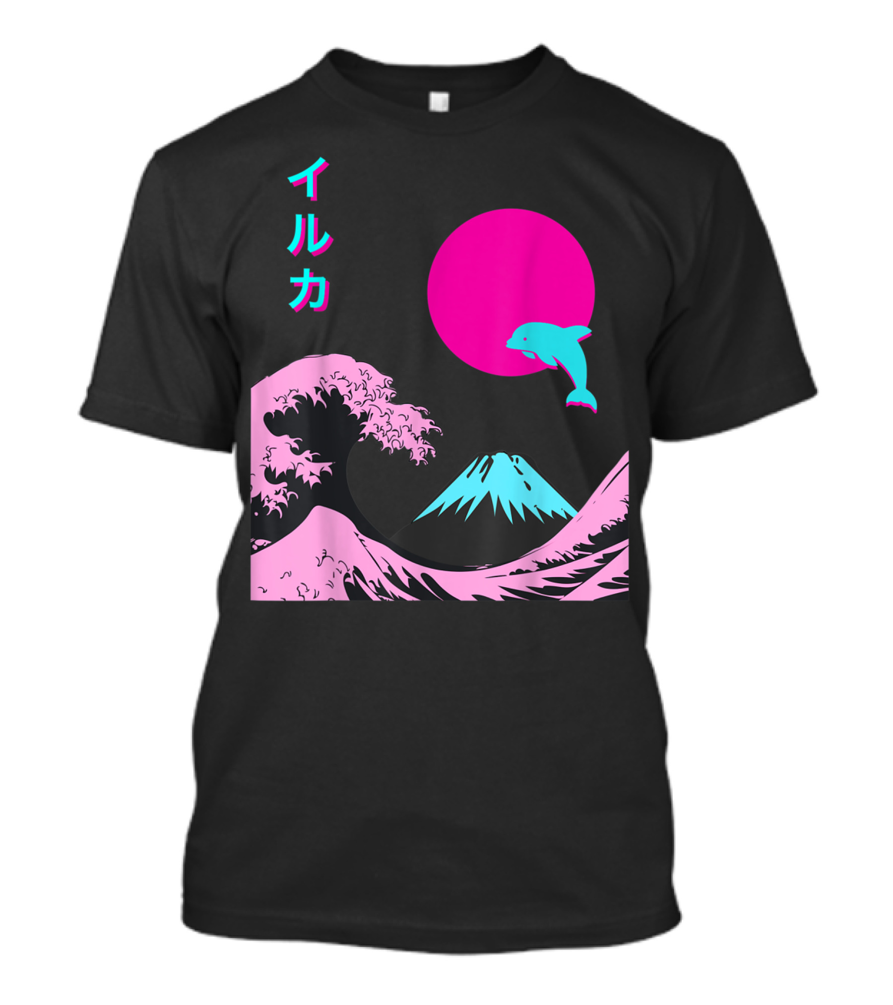 Retro Aesthetic Iruka Dolphin With Japanese Writing And Mount Fuji In Neon Colors T-Shirt