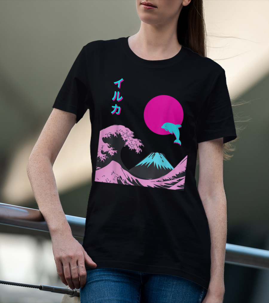 Retro Aesthetic Iruka Dolphin With Japanese Writing And Mount Fuji In Neon Colors T-Shirt
