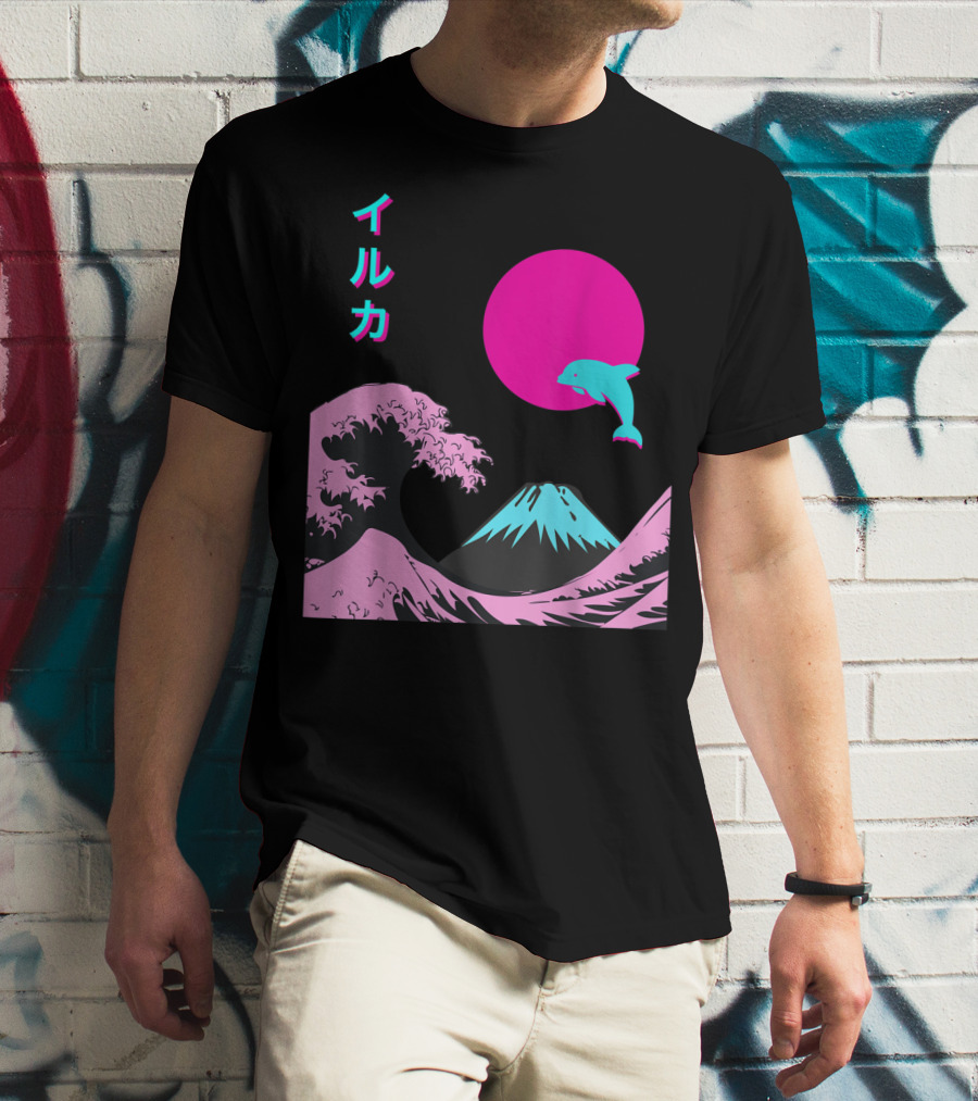 Retro Aesthetic Iruka Dolphin With Japanese Writing And Mount Fuji In Neon Colors T-Shirt