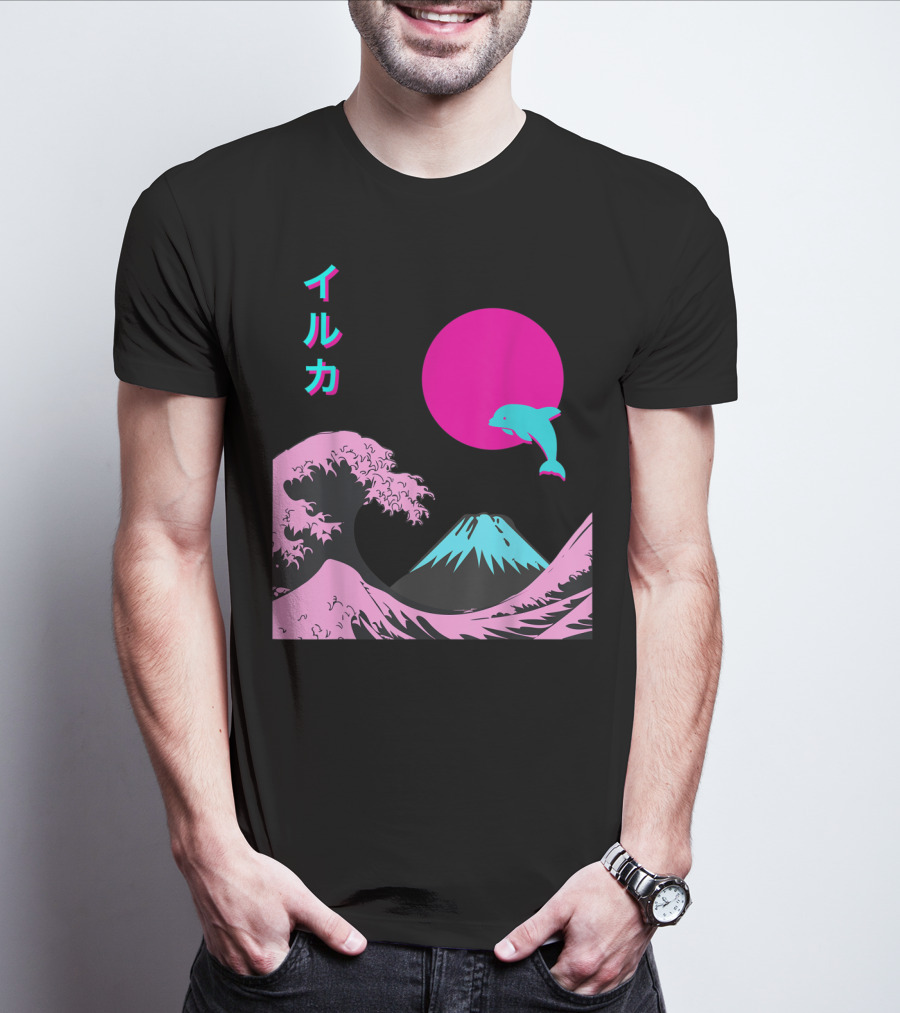 Retro Aesthetic Iruka Dolphin With Japanese Writing And Mount Fuji In Neon Colors T-Shirt