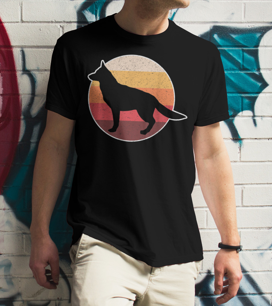 Vintage German Shepherd Silhouette With Retro Sunset Stripes T-Shirt