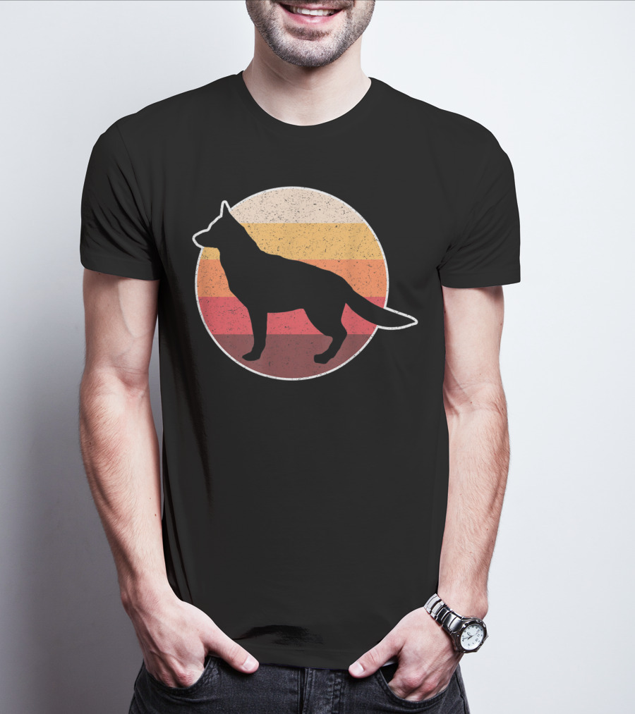 Vintage German Shepherd Silhouette With Retro Sunset Stripes T-Shirt